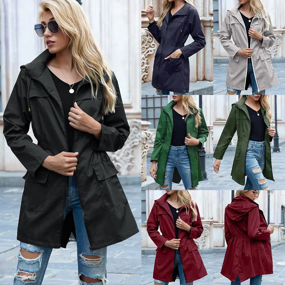 Regenparka Damen tailliert mit Kapuze, Kordelzug und Taschen – Bild 2