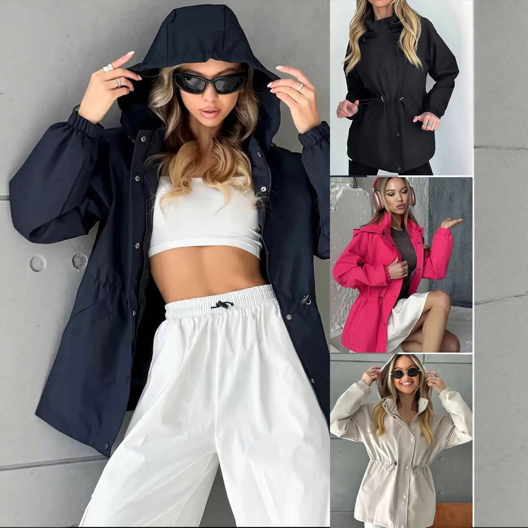Regenparka Damen taillierbar mit Kapuze und Druckknöpfen – Bild 2