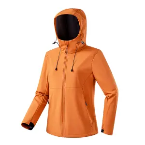 Orangefarbene Softshelljacke für Damen mit Kapuze, Kordelzug und Reißverschluss, Vorderansicht
