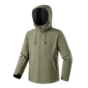 Olivgrüne Softshelljacke mit Kapuze und Kordelzug, vorn geschlossen