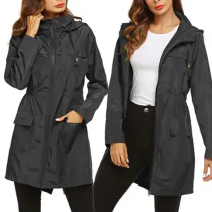 Regenmantel Damen lang mit Kapuze, Taillenzug und Klappentaschen – Bild 2
