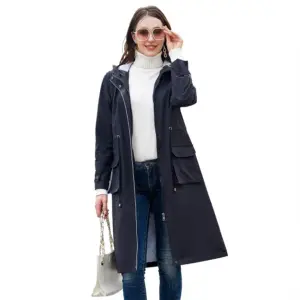 01-14 Regen-Trenchcoat Damen lang mit Kapuze und Reißverschluss – Bild 2