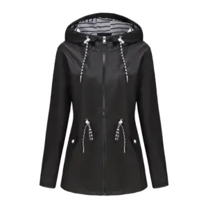 01-21 Regenparka Damen mit Streifenfutter, Kordelzug und Kapuze – Bild 2