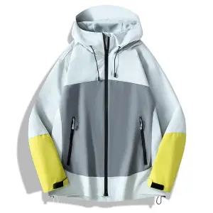 Regenjacke Damen Colour-Block grau-weiß mit Kapuze und Zugband – Bild 2