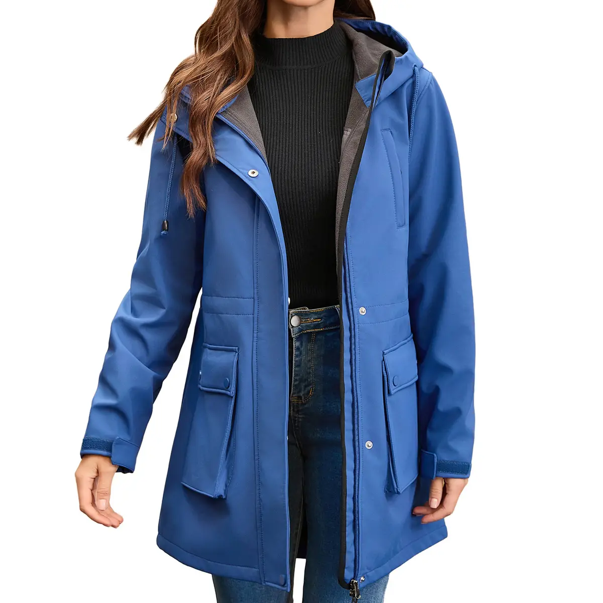 Regenparka Damen mit Kapuze, Kordelzug und großen Taschen – Bild 3