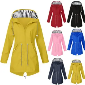 02-5 Regenparka Damen mit gestreiftem Kapuzenfutter und Kordelzug – Bild 2