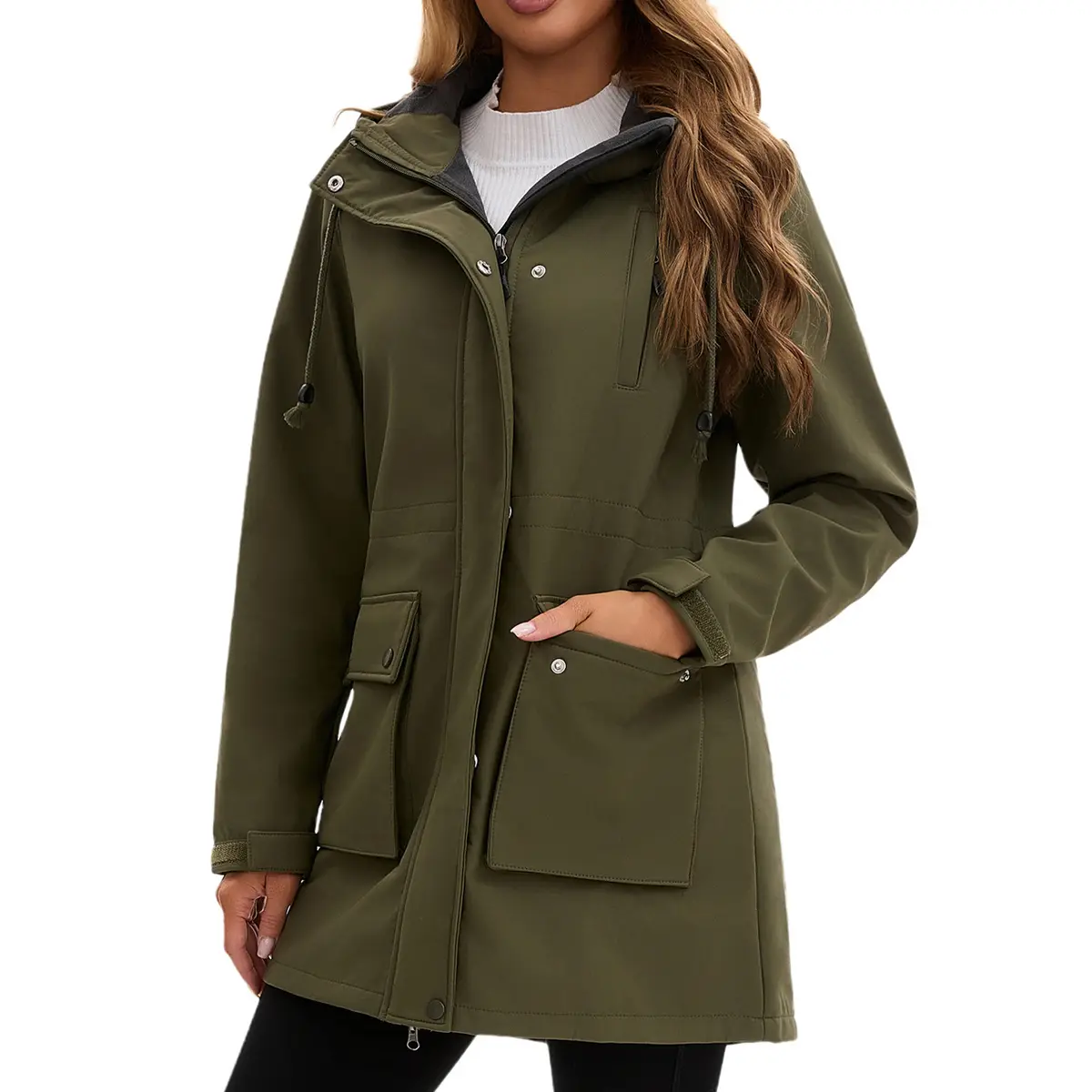 Regenparka Damen mit Kapuze, Kordelzug und großen Taschen – Bild 4