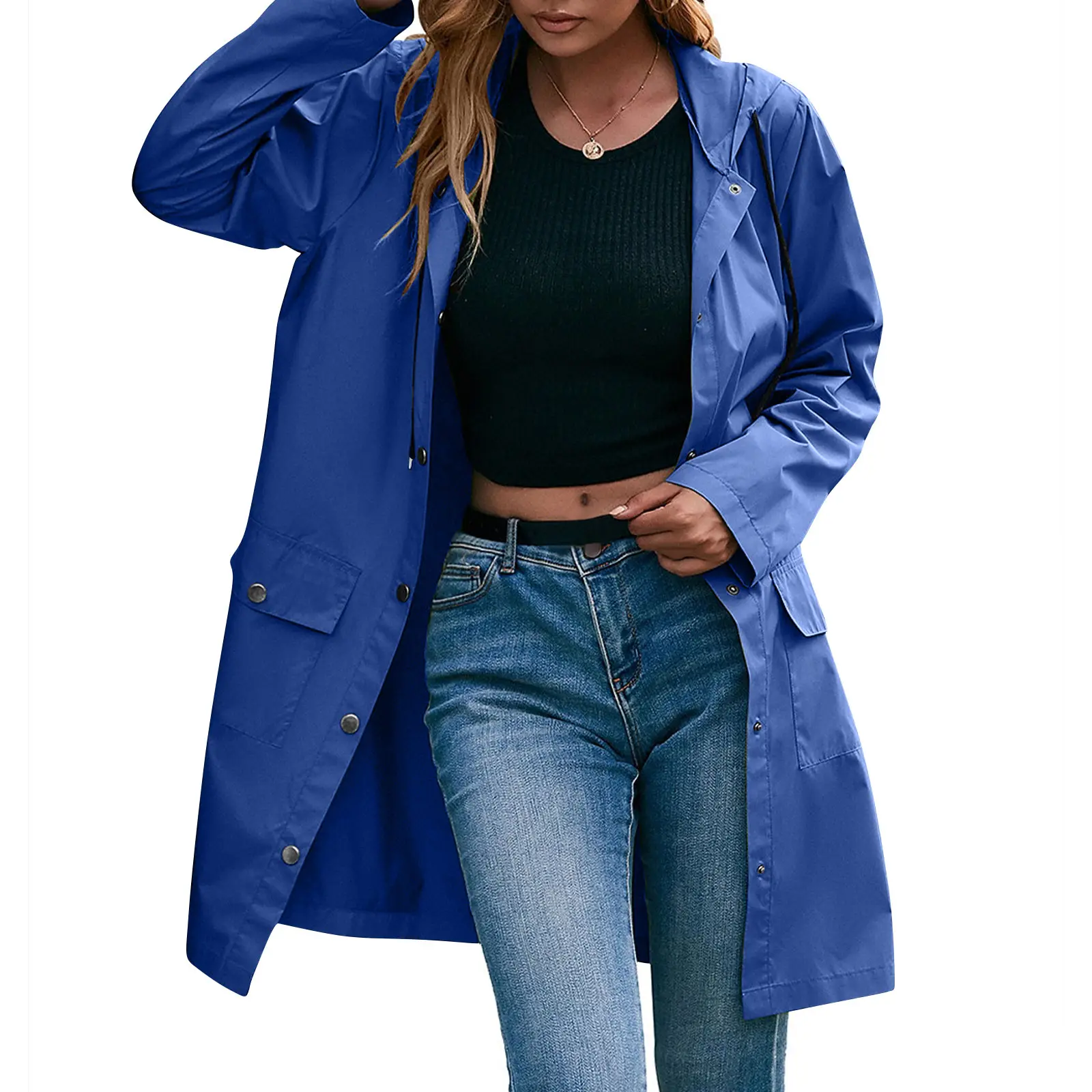 Regenmantel Damen mittellang mit Kapuze und Druckknopfleiste – Bild 5