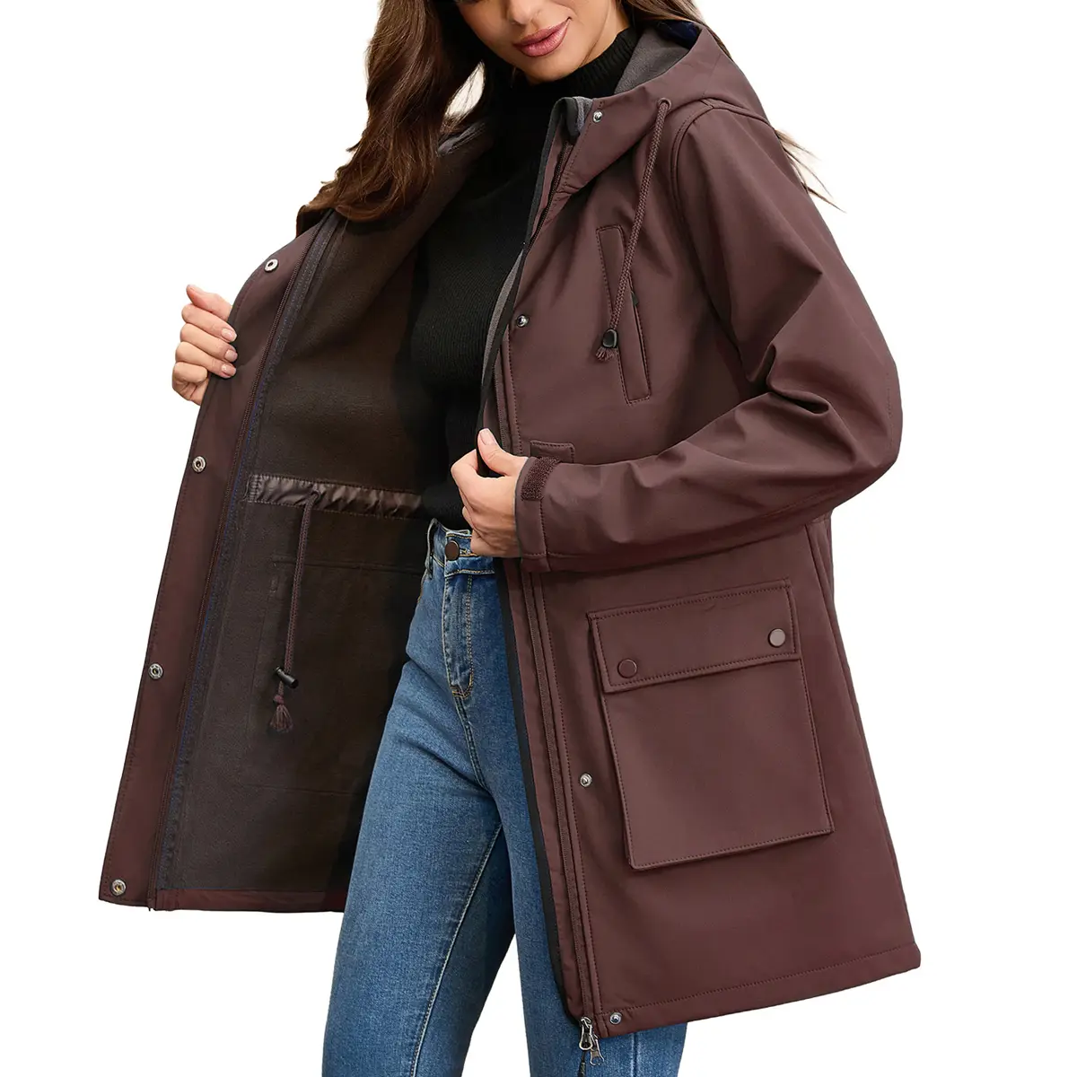 Regenparka Damen mit Kapuze, Kordelzug und großen Taschen – Bild 5