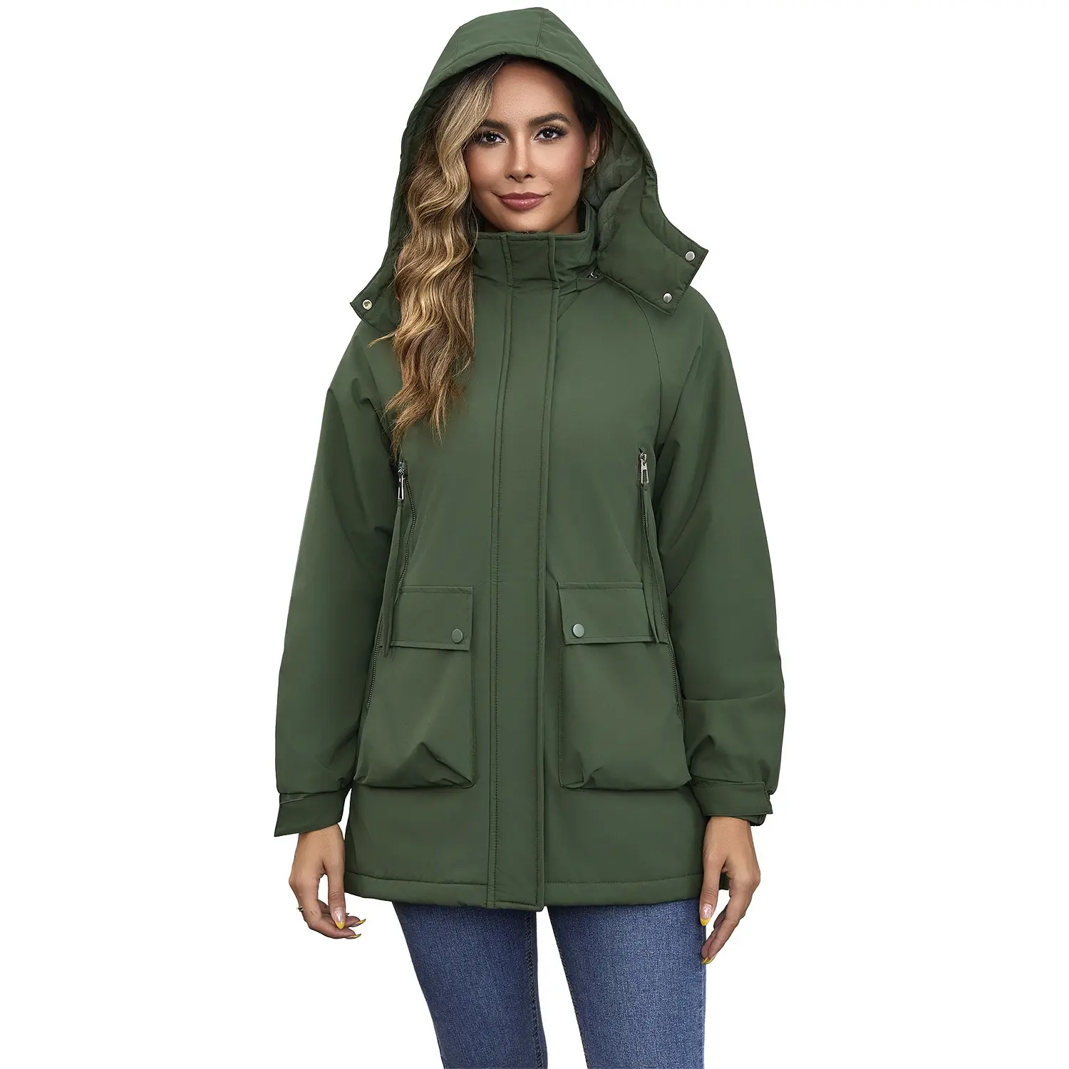 Regenparka Damen gefüttert mit Kapuze und Klappentaschen – Bild 3