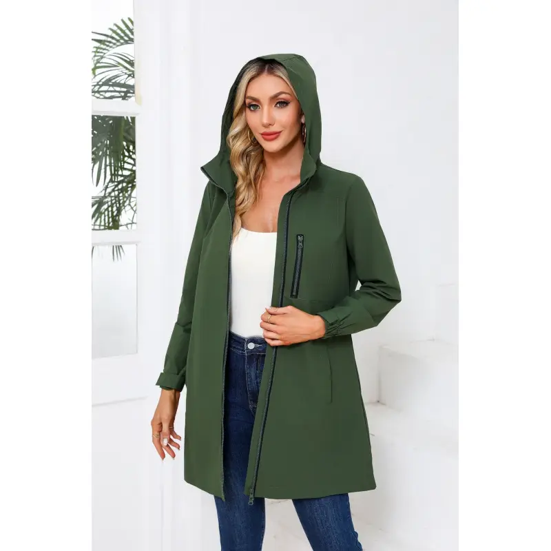 Regenmantel Damen lang mit Kapuze, Stehkragen und Brusttasche – Bild 5