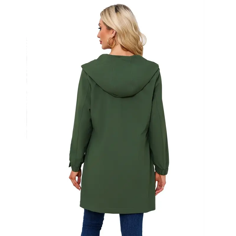 Regenmantel Damen lang mit Kapuze, Stehkragen und Brusttasche – Bild 6