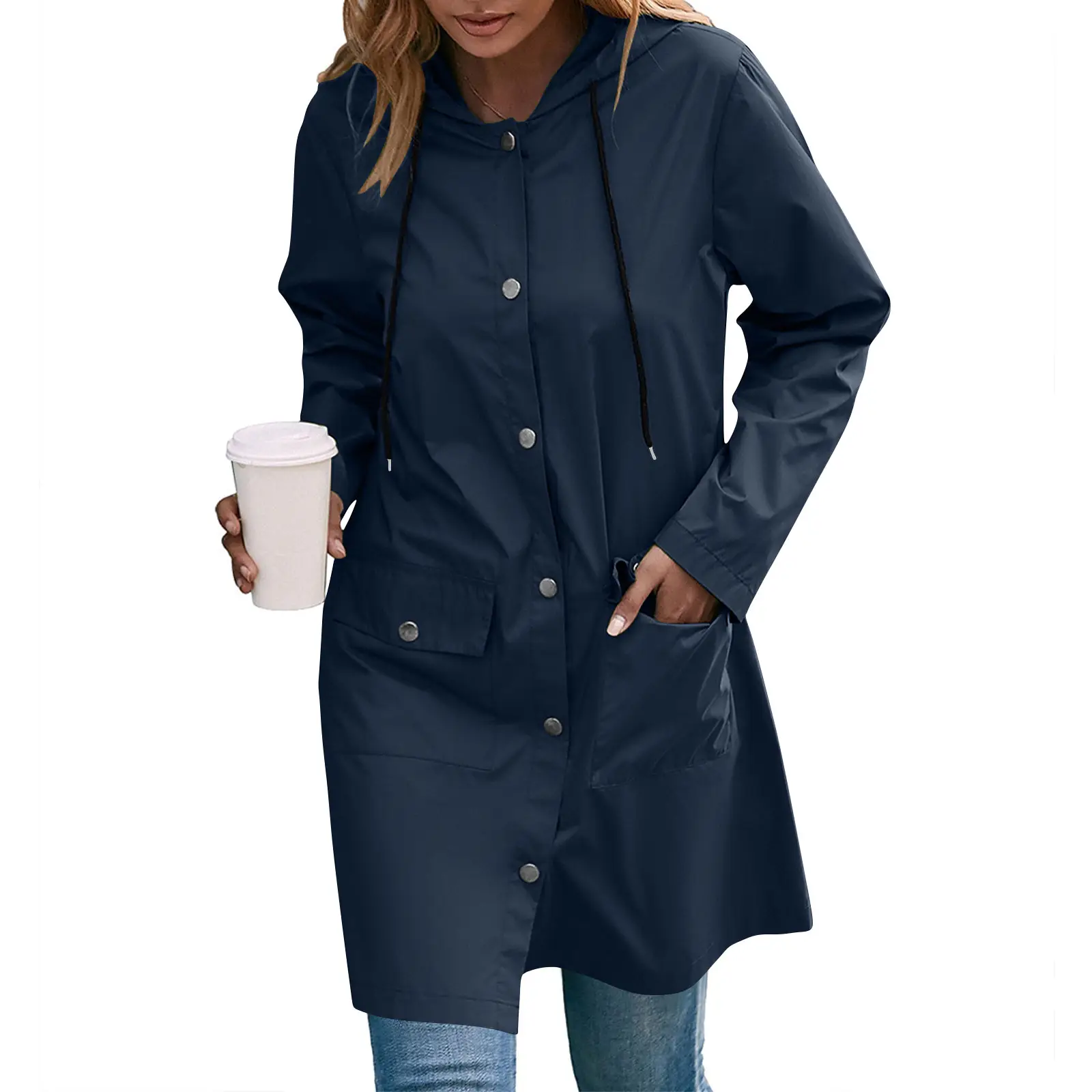 Regenmantel Damen mittellang mit Kapuze und Druckknopfleiste – Bild 6