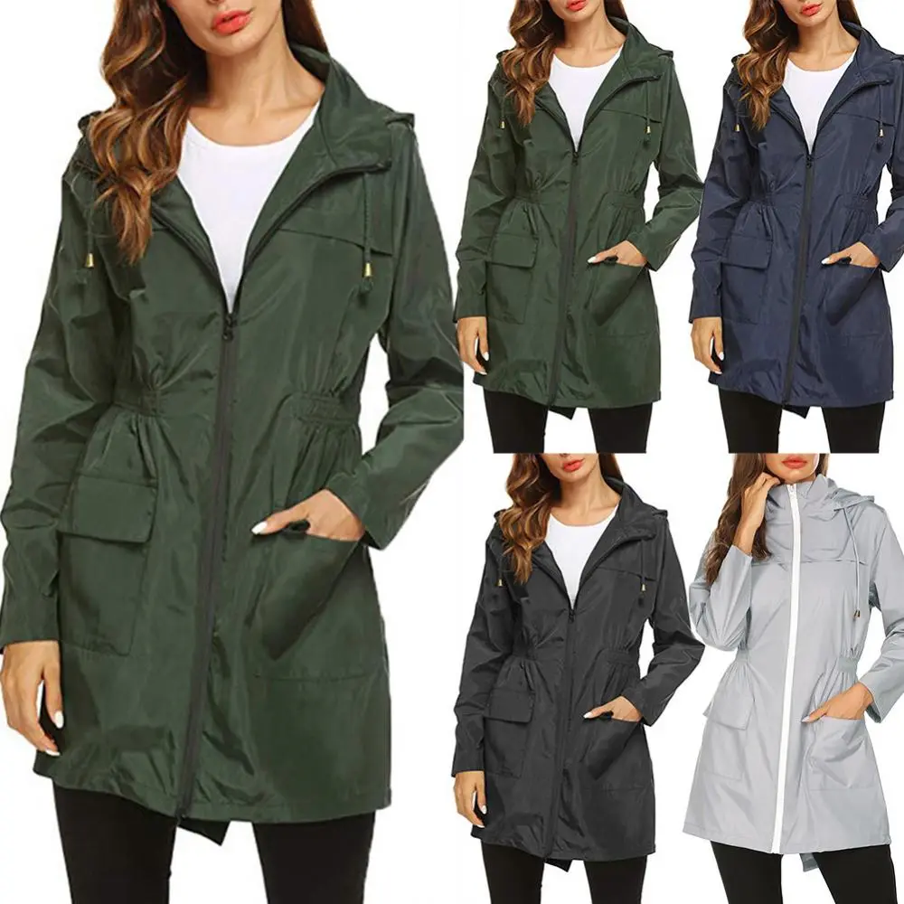 Regenmantel Damen lang mit Kapuze, Taillenzug und Klappentaschen – Bild 6