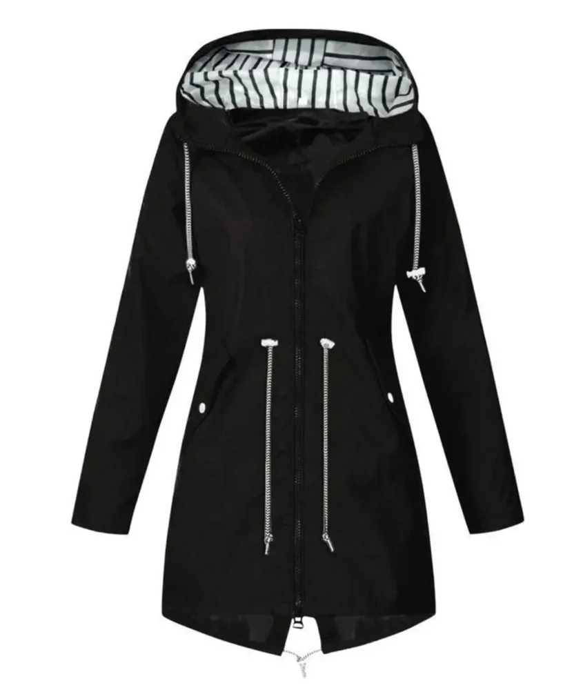 Schwarze Regenjacke mit Kapuze, gestreiftem Futter und Kordelzug